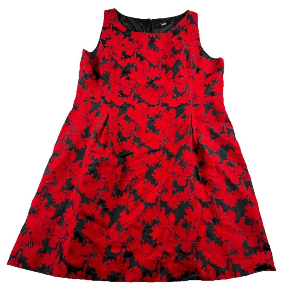 Tommy Hilfiger Floral Jacquard A Line Dress Red Black Size 18 Sleeveless